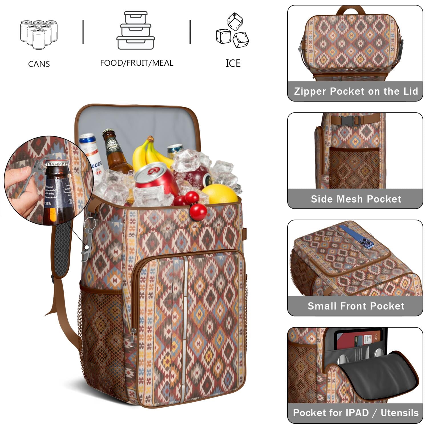 Travel Cooler Bag - Boho Bohemia Pioneer Flower Geometric Line Art Camping Beer Cooler Backpack with Bottle Opener- Waterproof Insulated Picnic Backpacks - Cooler Bag for Beach