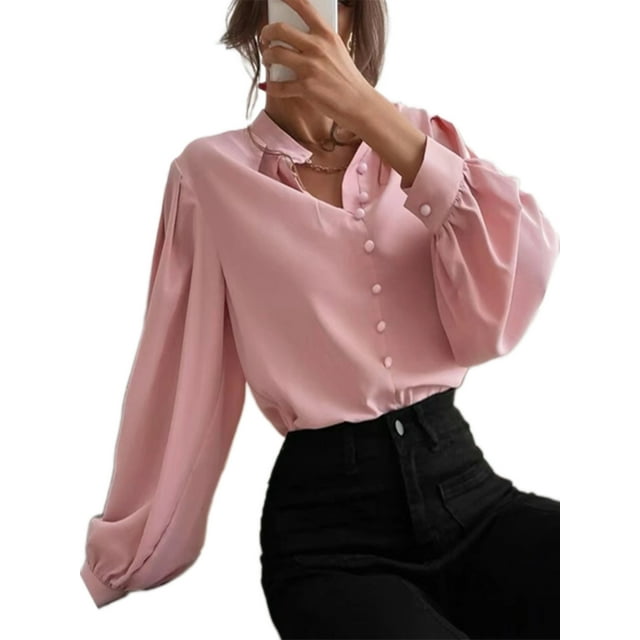LUXUR Hauts à Manches Longues pour Femmes Chemises de Travail Amples Rose P