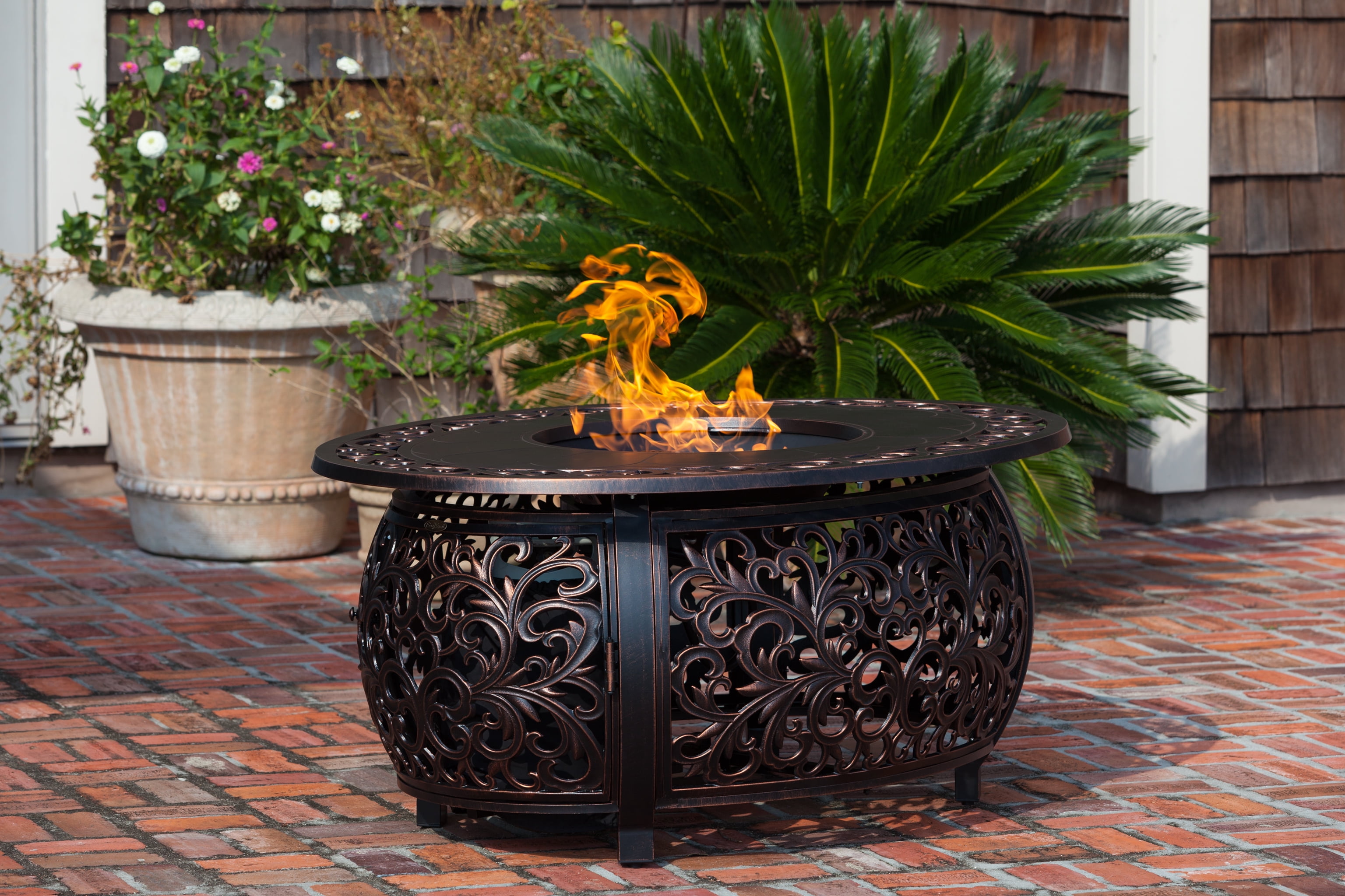 Fire Sense Aluminum Gas Fire Pit Table Outdoor Multifunctional with Fire Bowl Lid, Brown 48"