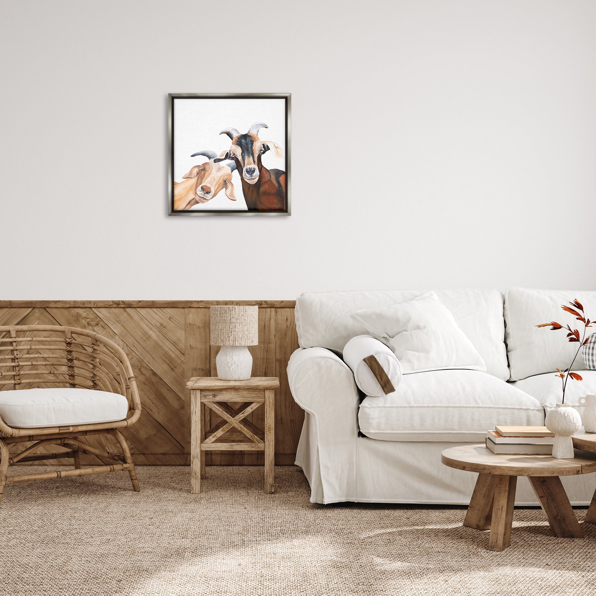 Stupell Industries Happy Goat Smiling Animals Animals & Insects Painting Gray Floater Framed Canvas Art Print Wall Art, 25 x 25