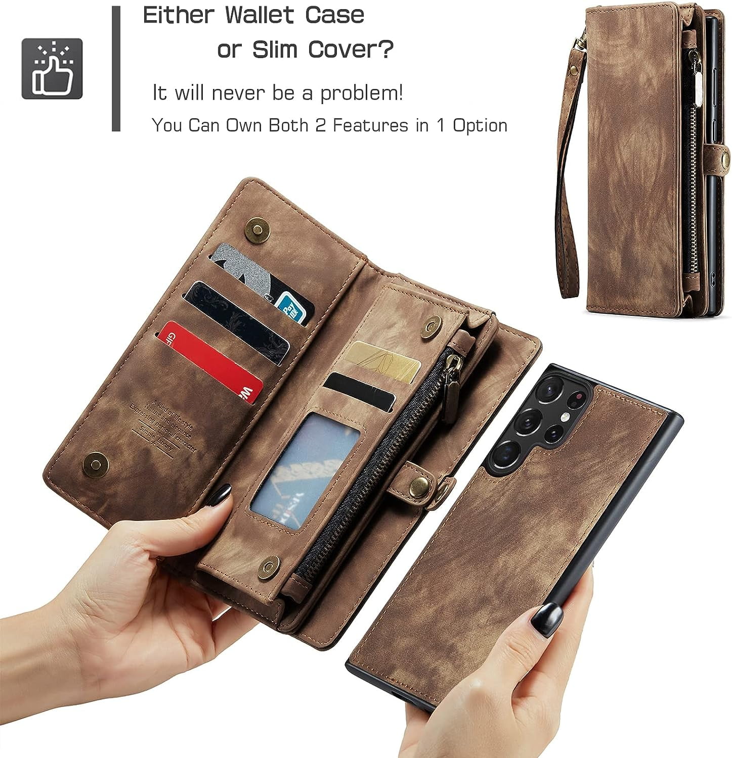 Phone Case for Samsung Galaxy S23 Ultra 5G Zipper Wallet Detachable Cover with Leather Flip Credit Cash Card Holder Mobile Cell Accessories S23Ultra 23S S 23 23Ultra 6.8 inch Women Men Brown