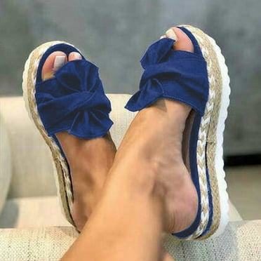 LoyisViDion Womens Sandals Clearance Women Bowknot Beach Summer Slippers Platform Slope Heels Plus Size Shoes Blue 9.5-10(42)
