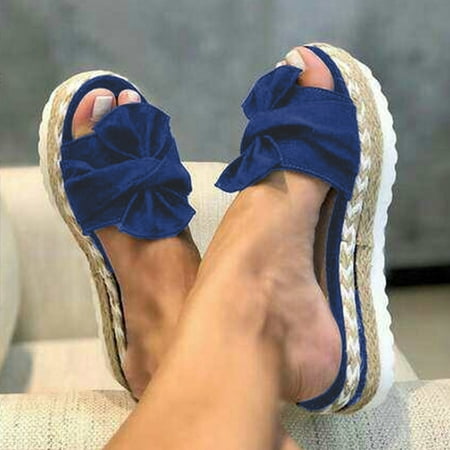 

AXXD Sandals Women Bowknot Beach Summer Slippers Platform Slope Heels Plus Size Shoes(10.5 Blue)