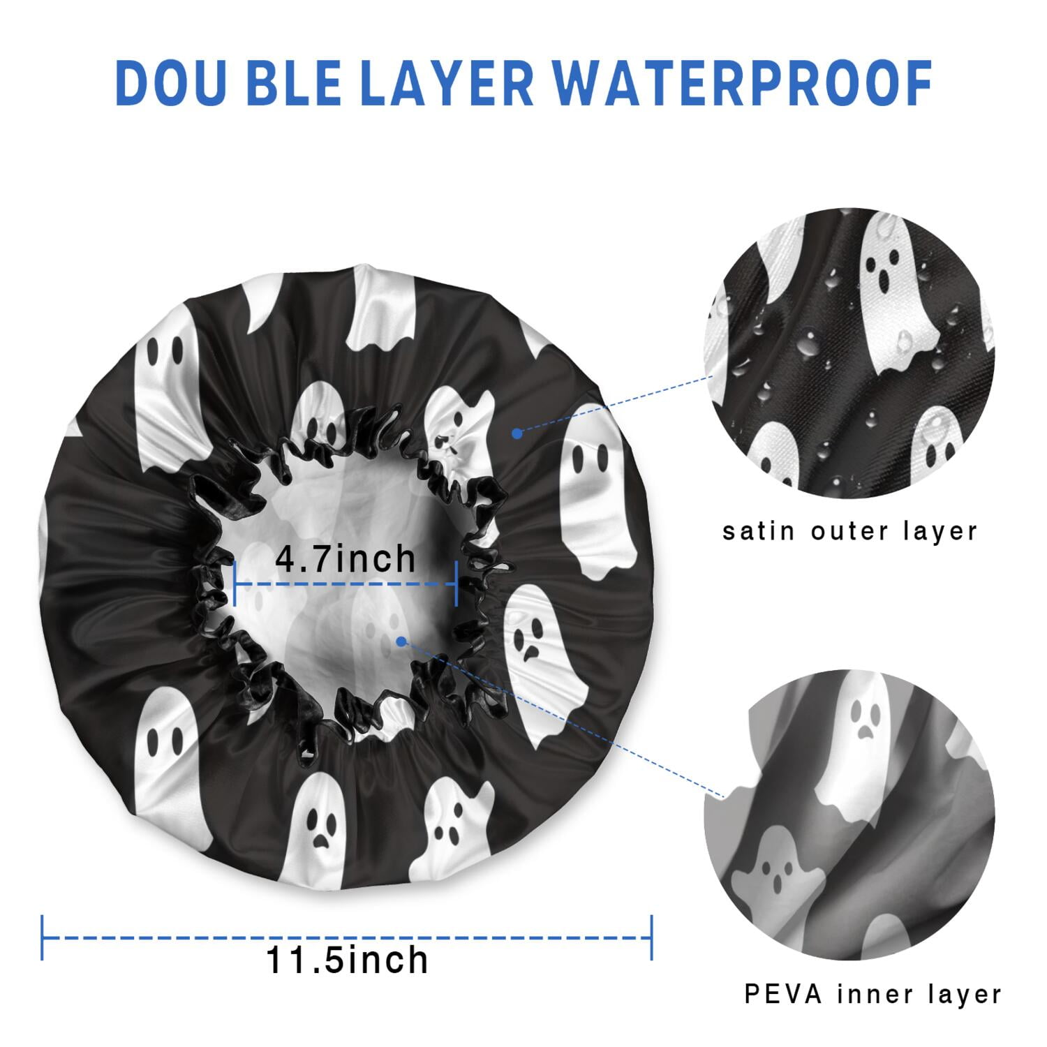 Shower Caps,Black Halloween Ghosts Waterproof Shower Cap for Women 4 Pieces,Double Reusable Hair Cover for Shower PEVA Elastic Stretch Hem