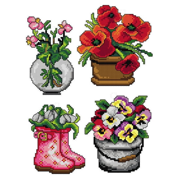 Flower pots 182CS –°ounted cross stitch kit with plastic canvas
