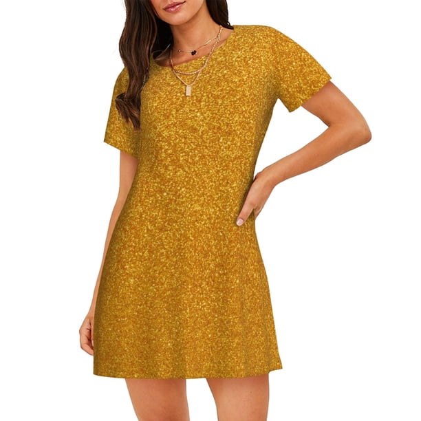Fotbe Gold Glitter Bata de Dormir para Mujer con Estampado, Camisón de Algodón de Manga Corta, Ropa de Dormir Casual