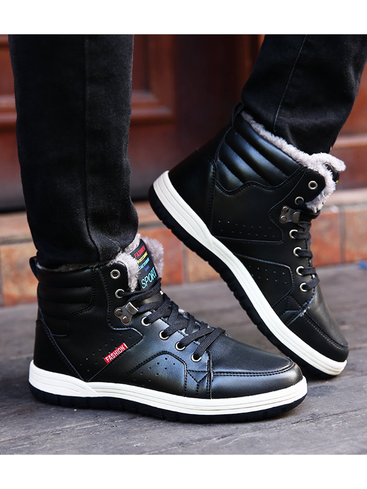 Ceyue Mens Leather Snow Boots Lace up Ankle Sneakers High Top Winter Shoes with Fur Lining 