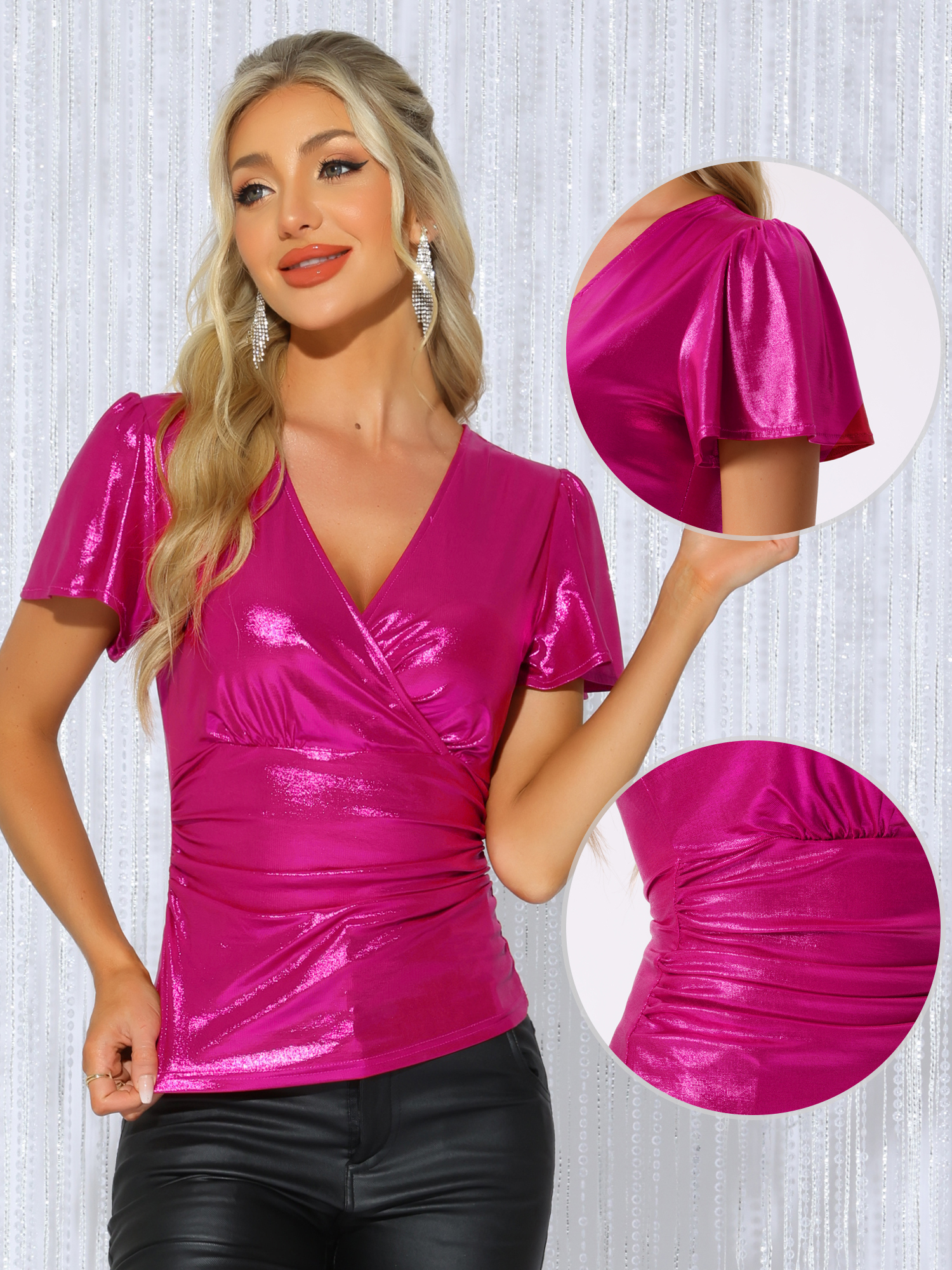 DARING DIVA Women's Metallic V Neck Ruffle Sleeve Shiny Wrap Blouse S Hot Pink