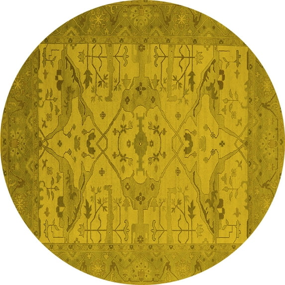 Ahgly Company Machine Washable Indoor Round Oriental Yellow Industrial Area Rugs, 6' Round