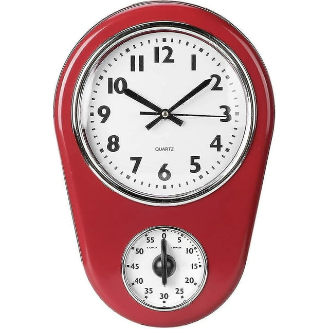 Reloj de pared con temporizador de cocina retro, rojo, vintage, silencioso, para el hogar. p20241126875