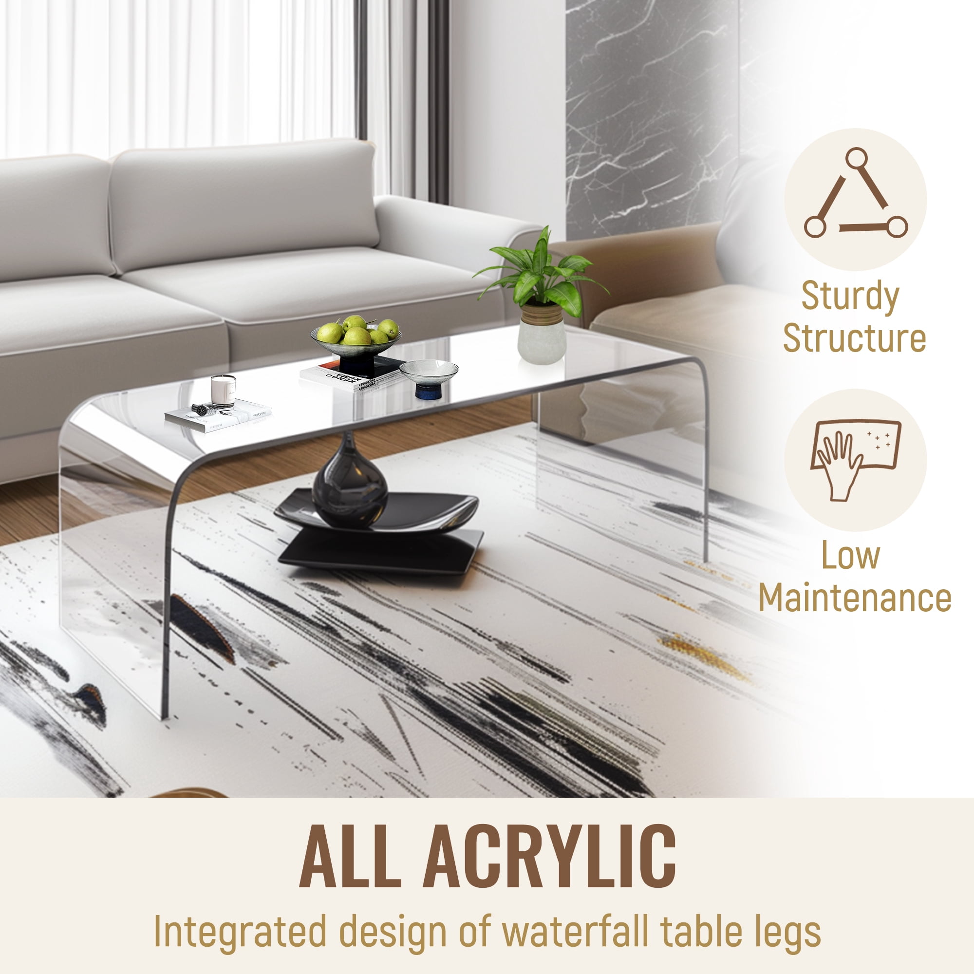HOMCOM 39" Long Acrylic Waterfall Coffee Table for Living Room, Clear