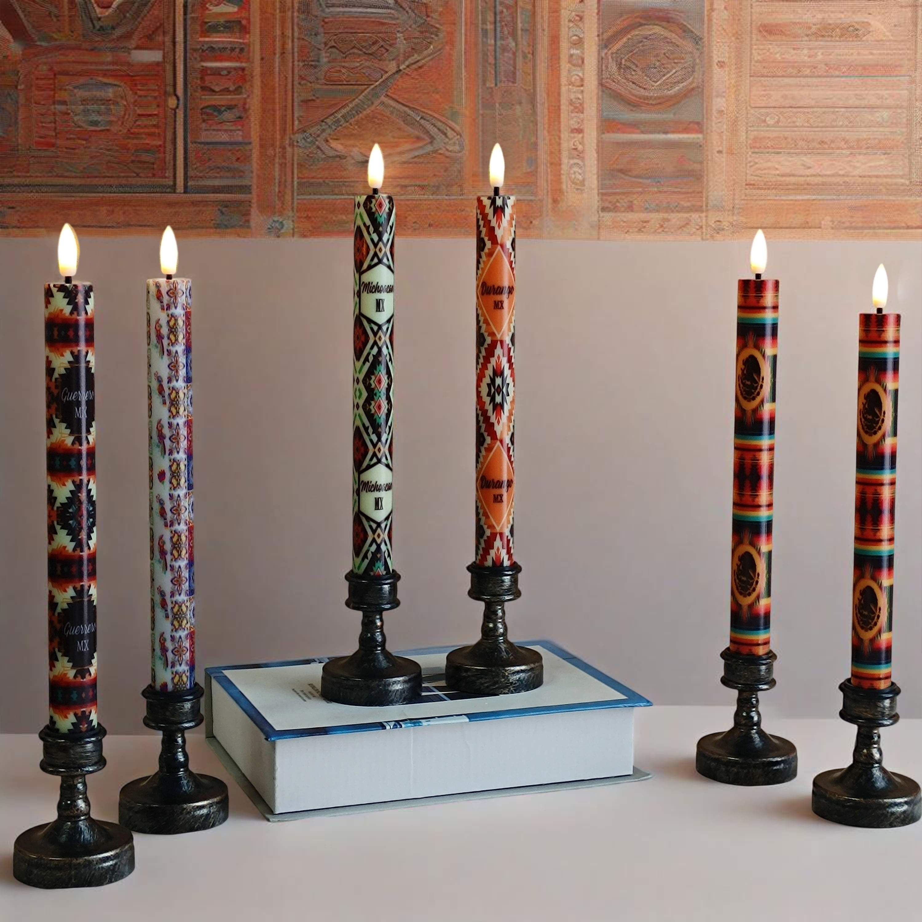 6PCS Printed Flameless Taper Candles, 10 Inch LED Candlesticks Battery Operated with 11-Key Remote, 3D Flickering Flame Lights for Wedding Party Home Decor Gifts