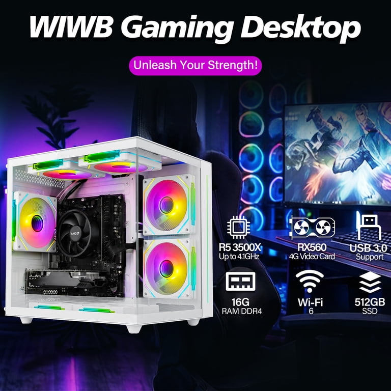 WIWB Gaming Desktop PC, Ryzen 5 3500X, RX560 4G, 16GB RAM, 512GB