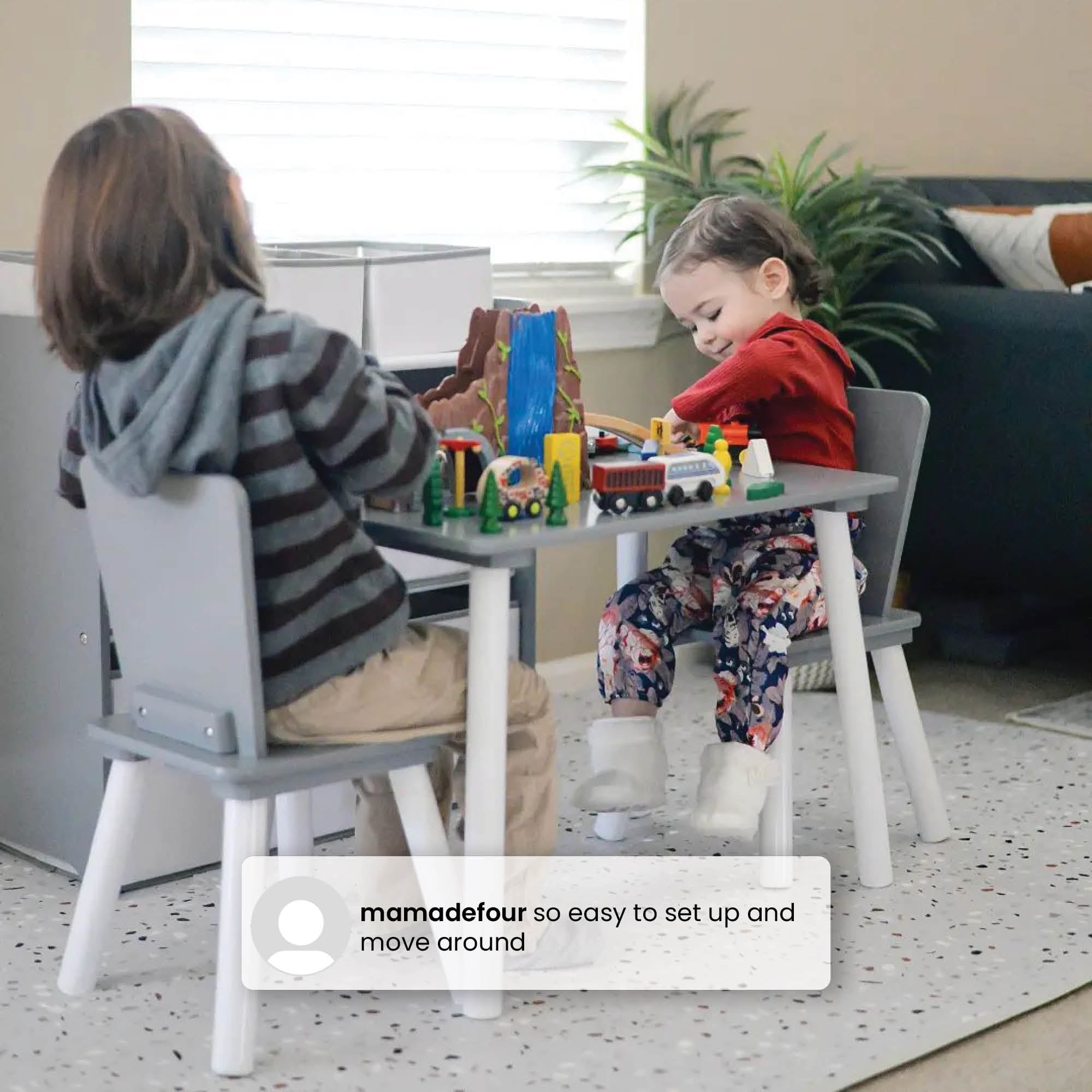 Delta Children 4-Piece Toddler Playroom Set – Includes Play Table with Dry Erase Tabletop and 6 Bin Toy Organizer with Reusable Vinyl Cling Stickers, Grey/White