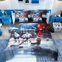 Homewish Sport Ice Hockey Twin Bedding Sets 7-Piece for Children Teens Adults,Ball Gamer Bedding Comforter Set Microfiber,Black Red Blue Breathable Sheet Sets,Lightweight Room Decor,Reversible