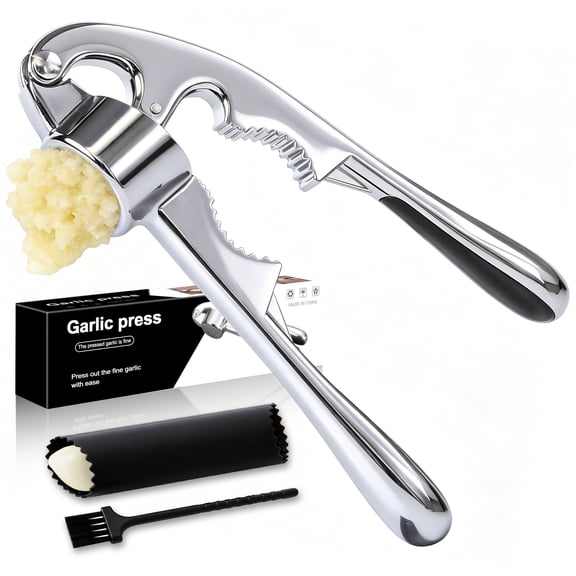 Aovky Garlic Press Stainless Steel, 2-in-1 Garlic Mincer with Peeler & Brush, Garlic Crusher with Ergonomic Handle , Easy Squeeze and Clean Garlic Smasher for Kitchen Gadgets, Dishwasher Safe, Silver