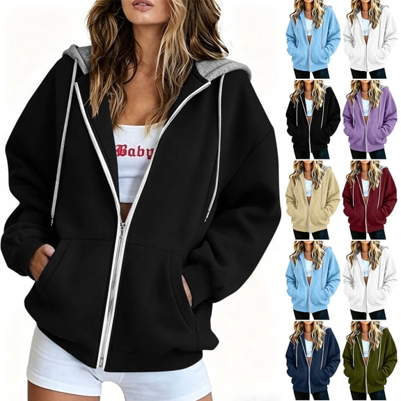 Jsaierl Women's Zip Up Hoodies Sweatshirts with Contrast Hood Adjustable Drawstring Kangaroo Pocket Oversized Casual Jackets S-2XL