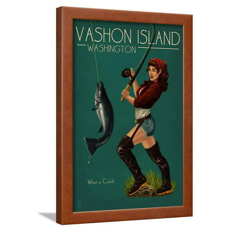 Vashon Island, Washington - Pinup Girl Salmon Fishing Framed Print Wall Art By Lantern