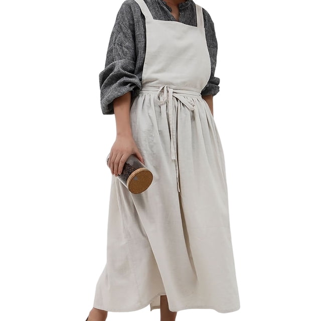 Injueey Algodón Lino Jardinería Café Camarero Vestido Uniforme Delantal Color sólido Delantal para cocinar Restaurante Hogar Cocina y Comedor Beige Más largo