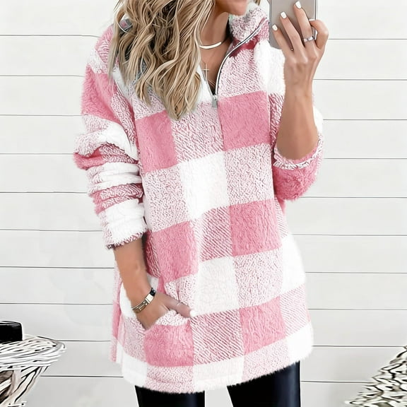 gbyLJF Womens Plaid Fleece Hoodie Quarter Zip Turndown Collar Pullover Tops Casual Long Sleeve Pockets Sweatshirt