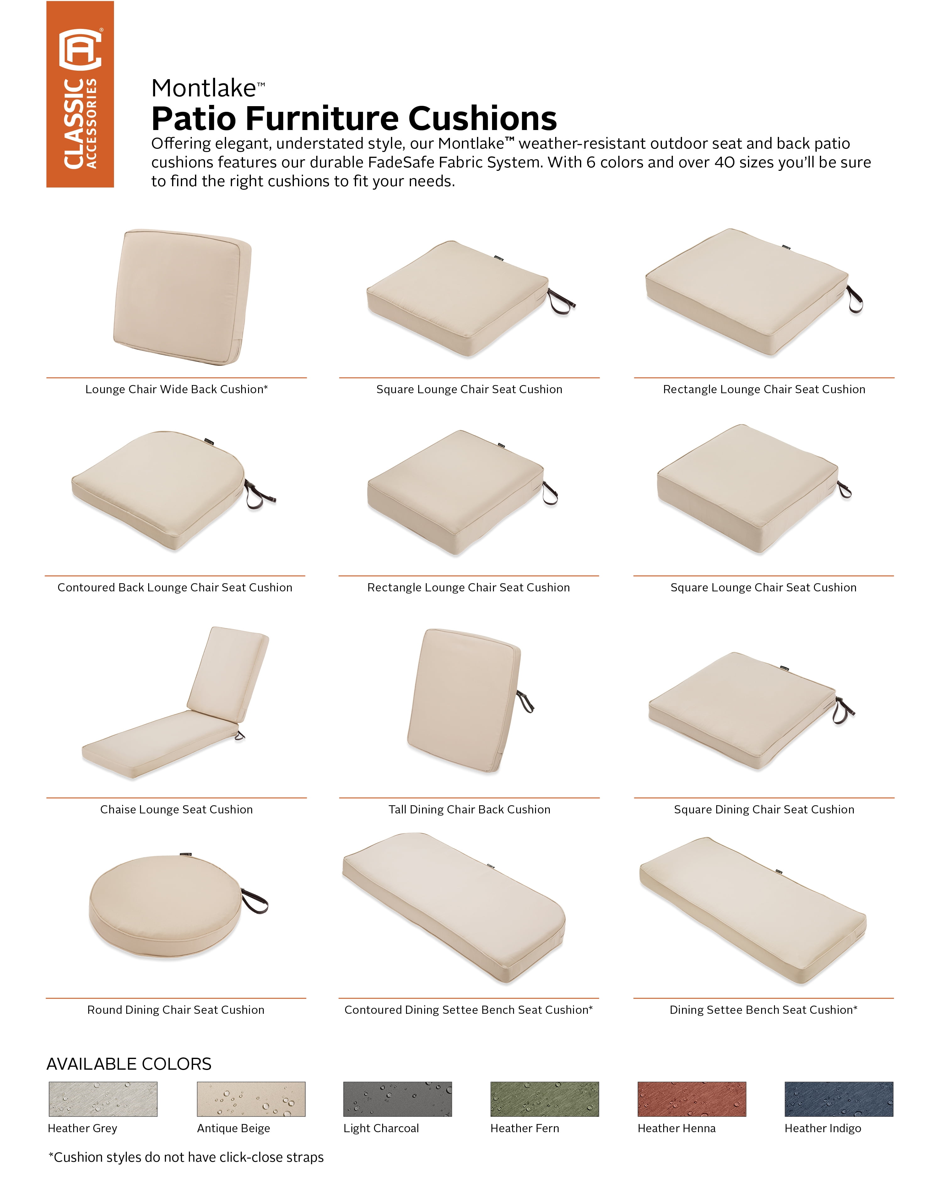 Classic Accessories Montlake 23 x 23 x 5 Inch (seat)/21 x 20 x 4 Inch (back) Cushion Set, Beige