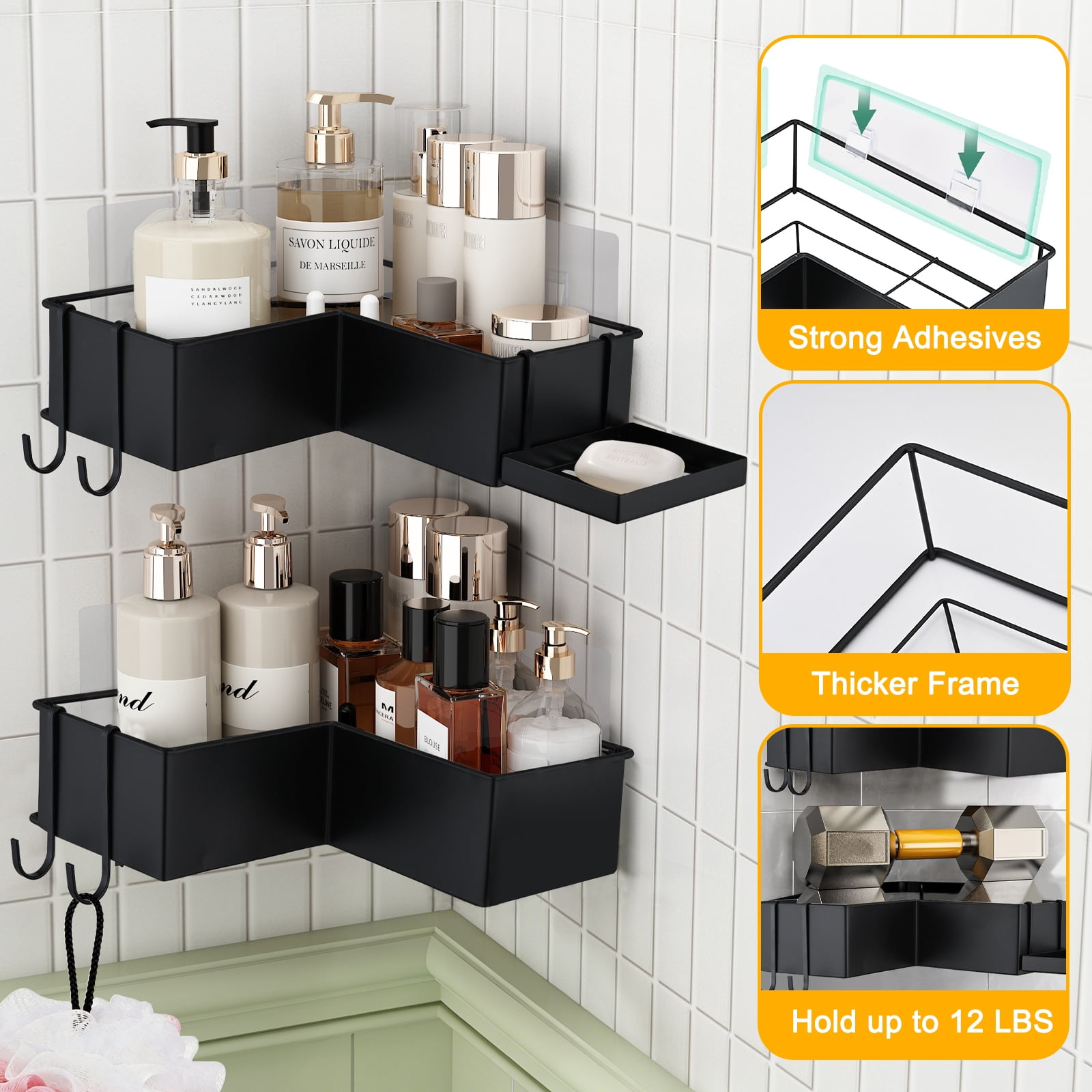 2 Pack Drill-Free Adhesive Corner Shower Caddy Organizer with Soap Holder and 4 Hooks