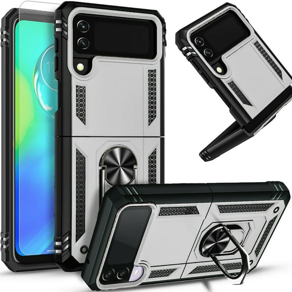Starshop Case for Samsung Galaxy Z Flip 4, Drop Protection Ring Kickstand Cover Silver