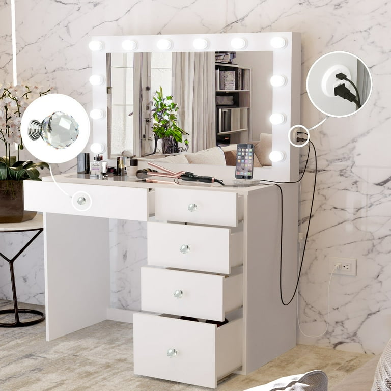 Crystal with Drawers, 5 Desk Mirror Lights, and Alana Ball Boahaus Knobs, Black Vanity White