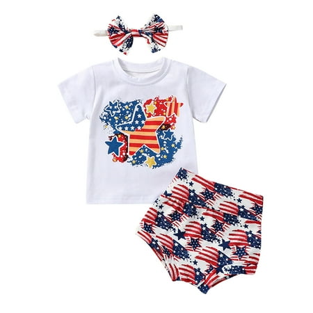 

Toddler Baby Girls Spring Summer Printed Independence Day Cotton Tshirt Shorts Outfits Short Sleeve Headbands Clothes Baby Fashion Dailywear Child Clothing