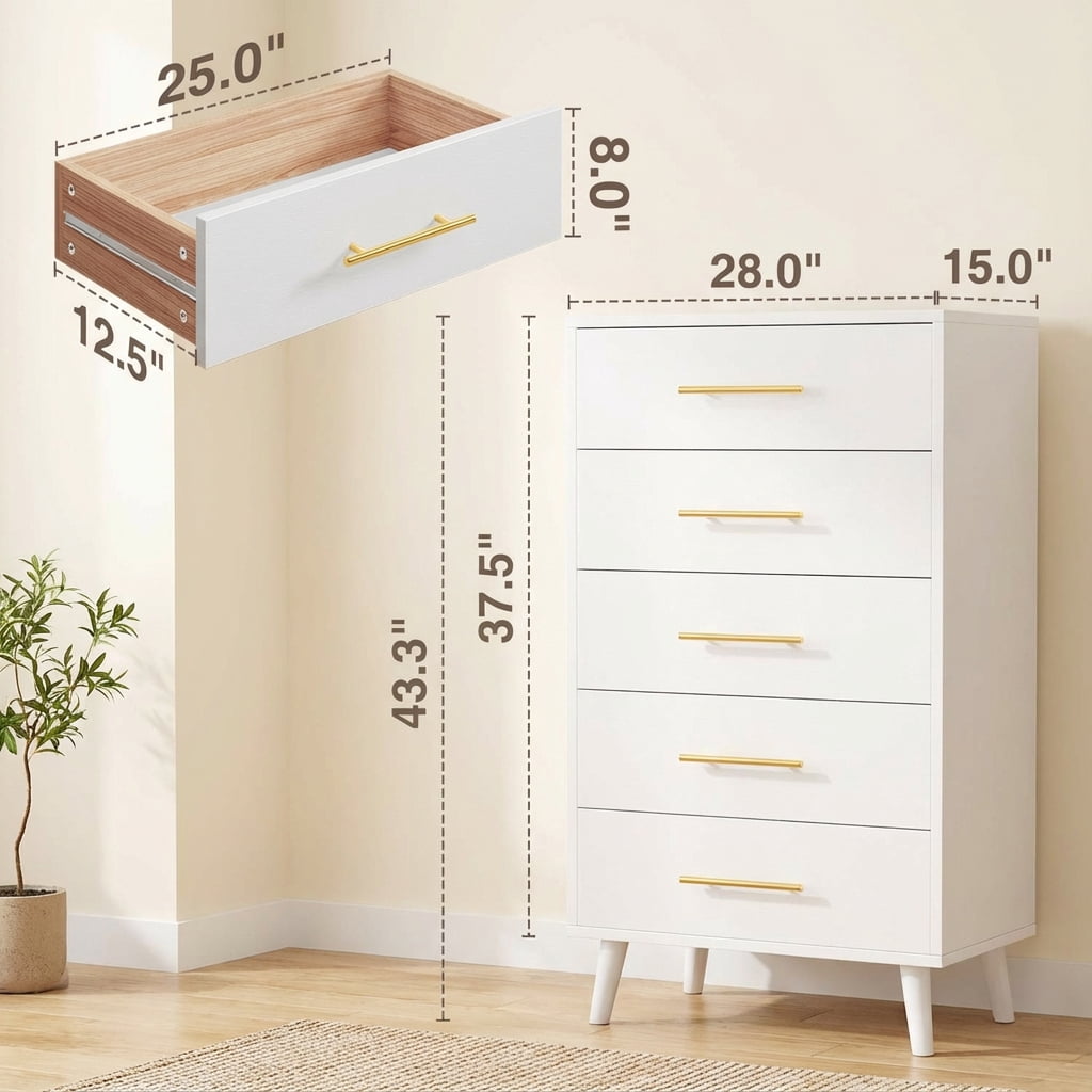 Full Bed Frame & Storage Combo, Upholstered Platform Bed Frame with 4 Wood Dressers (2, 5, 6 Drawers), Beige & White
