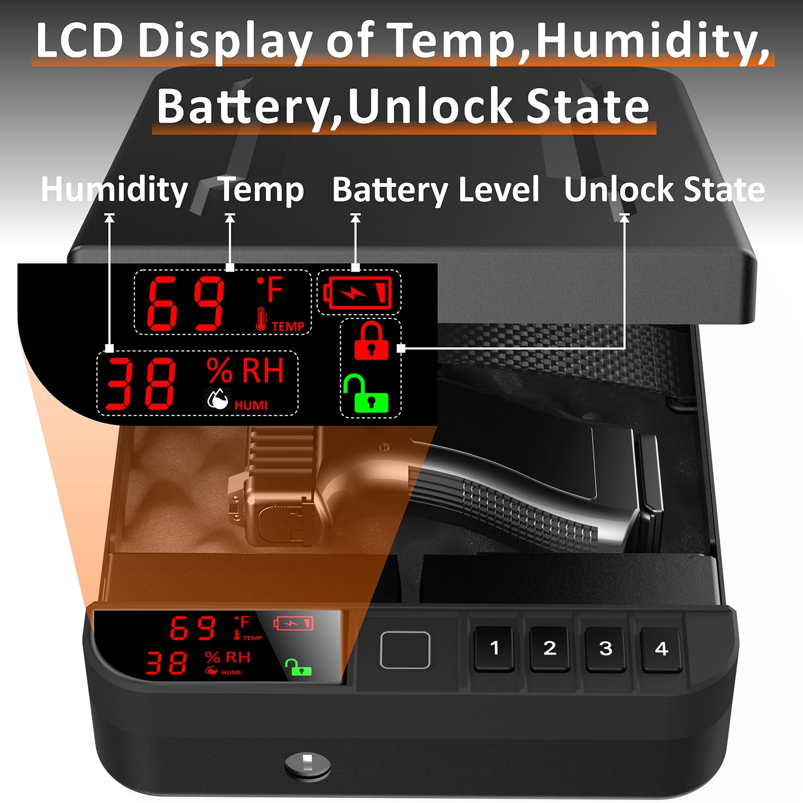Z ZLJUAN Portable Gun Pistol Safe with LCD Display of Temp,Humidity,Biometric Fingerprint,Keypad Lock,Key,Biometric Handgun Safe for Travel/Home/Car/Nightstand Beside