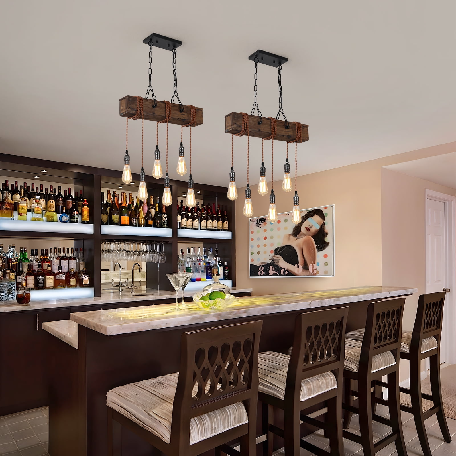 6-Light Farmhouse Chandelier Dining Room Light Fixture Over Table Hanging Wood Kitchen Island Light Fixtures, Black Chandelier Ceiling Pendant Light for Kitchen Island Living Room