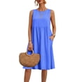 thumbnail image 4 of Linen Plus Size Midi Dress For Women Crew Neck Sleeveless Dresses Summer Casual Loose Outfits With Pockets (XL, Blue), 4 of 9