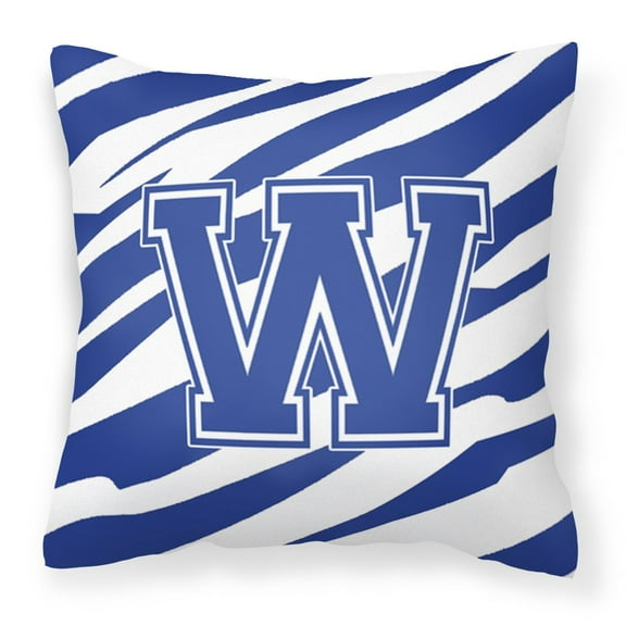 Letter W Initial Tiger Stripe Blue and White Fabric Decorative Pillow