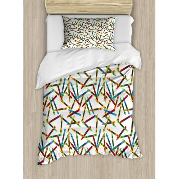 Crayon Duvet Cover Set Twin Size, Continuous Childish Pattern of Cartoon Drawn Painting Crafts on Plain Background, Decorative 2 Piece Bedding Set with 1 Pillow Sham, Multicolor, by Ambesonne