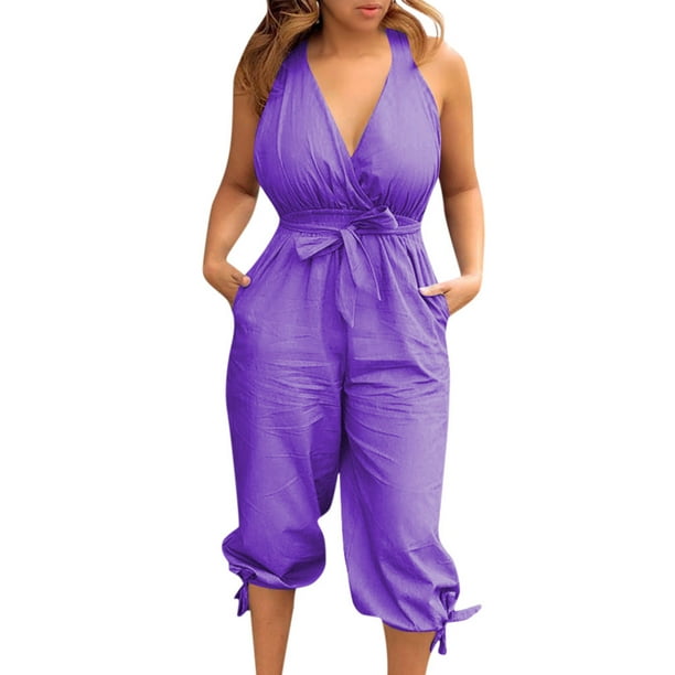 Afrika sjælden jeg lytter til musik JWZUY Women's Sleeveless Halter Tied Rompers Criss Cross Belted Cropped  Pants Deep V Neck Jumpsuit Purple L - Walmart.com