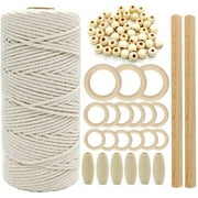 JVSISM Macrame Cord Natural Cotton Rope 3mm with Wood Ring Wood Stick for DIY Teether Macrame Kit Wall Hanging Plant Hanger