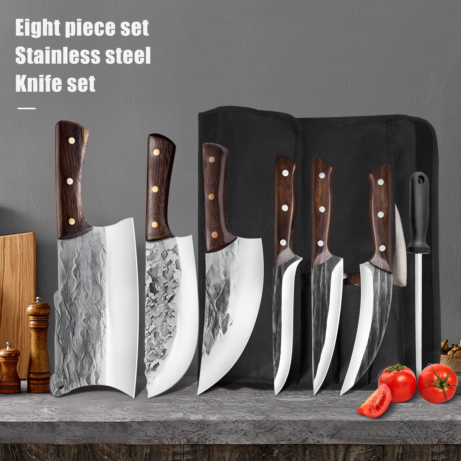 MDHAND 7-Piece Butcher Knife Set with Roll Bag, Chef Knife Set for Cleaver and Viking Knife with Ergonomic Handle, Stainless Steel Handle for Home, Cooking, Camping