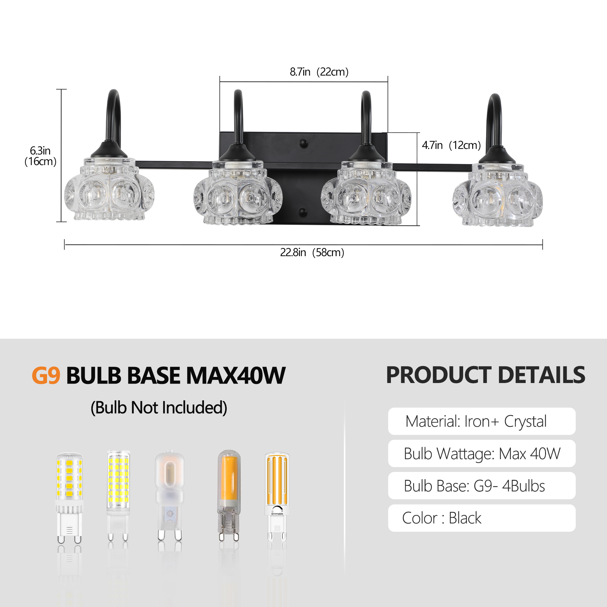 Leumius Retro 4-Light Bathroom Vanity Light Fixture - Black Finish with Crystal Glass Shades, Wall Mounted Lighting for Bathroom, Powder Room, and Vanity Mirror (No Bulbs)