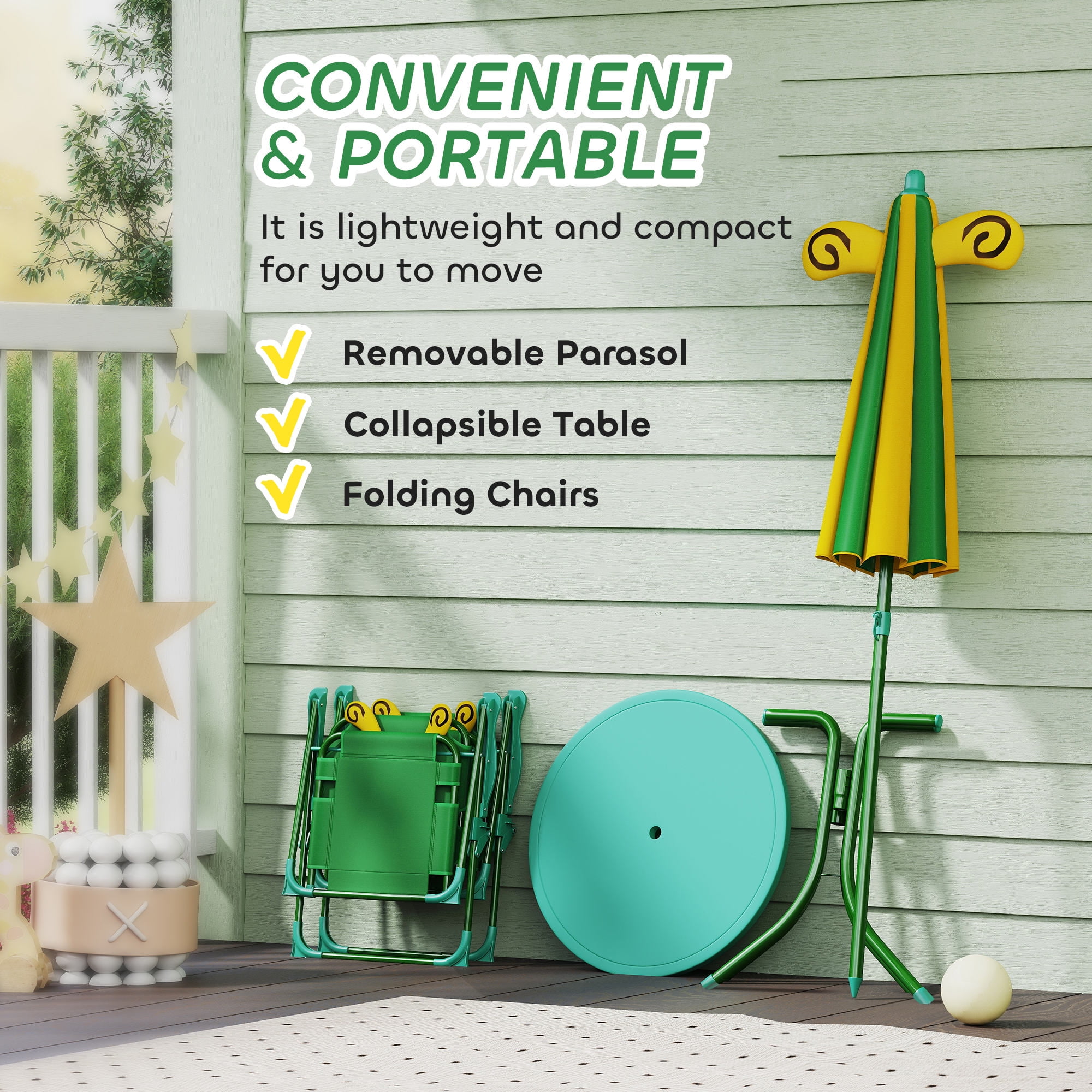 Qaba Kids Picnic Table and Chair Set, Bee Pattern Outdoor Activity Table with Foldable Chairs, Height Adjustable Umbrella for Backyard, Garden, Green