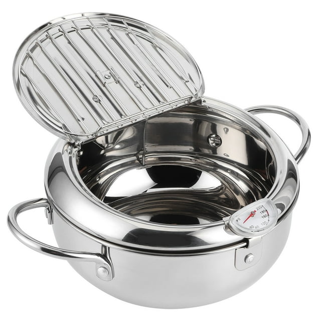 Compact Japanese-Style Stainless Steel Fryer with Built-In Thermometer, 24cm, Ideal for Induction Cooktops