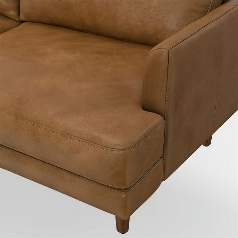 Simpli Home Livingston Mid Century Modern 90 Inch Wide Sofa In Caramel Brown Genuine Leather
