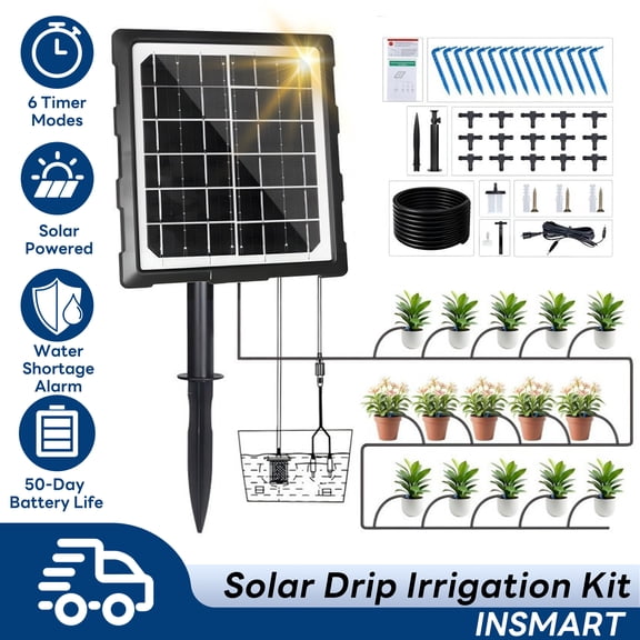 INSMART Solar Drip Irrigation Kit, Automatic Plant Watering System with 2200mAh Battery, Adjustable Timer, Plant Waterer for Gardens, Lawns, Greenhouses, Potted Plants, Low Water Alert