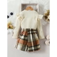 thumbnail image 4 of Musuos Girls Autumn 2 Piece Outfits 1-6T Long Sleeve Ruffle Ribbed Tops Button Plaid Skirt Set, 4 of 10