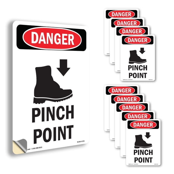 Foot Pinch Point OSHA Danger Vinyl Decal Label 18 Inch x 12 Inch - 10 Pack