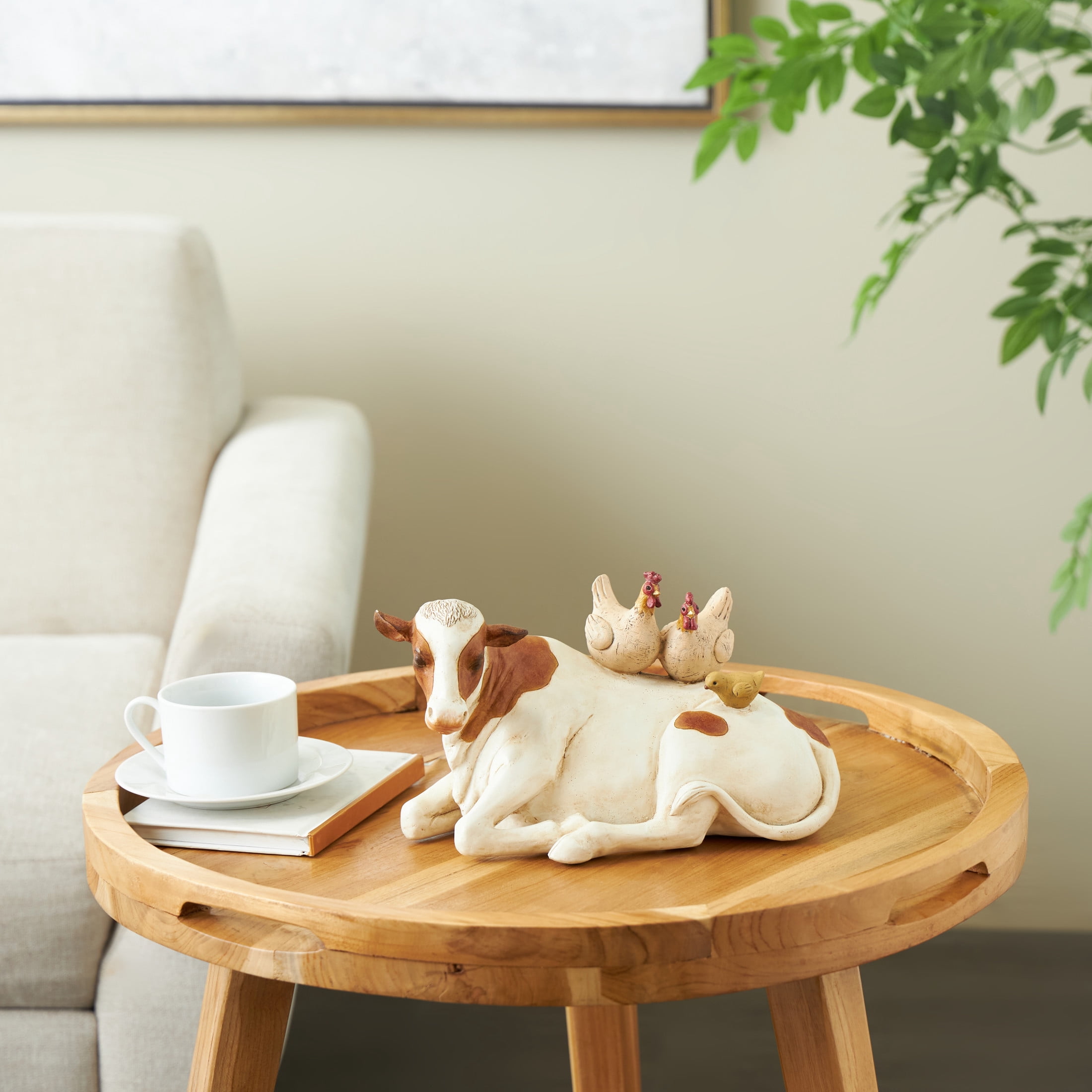 11" x 6" Cream Polyresin Sleeping Cow Sculpture with Sitting Roosters and Chicks, by DecMode