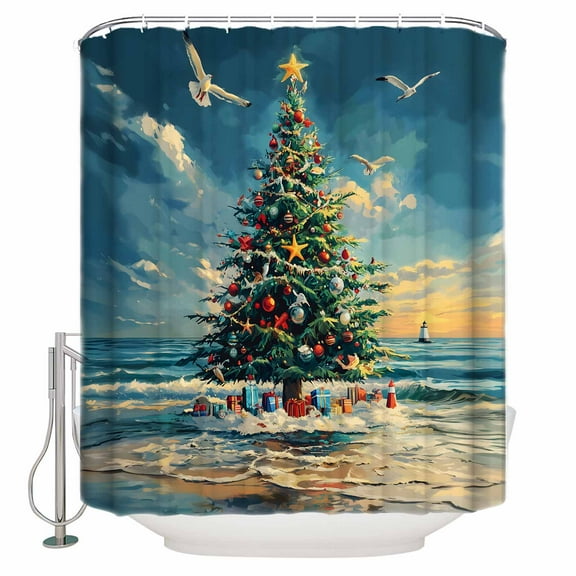 Extra Long Shower Curtain 72x84 Inch, Coastal Christmas Shower Curtain Waterproof Bathroom Decor Christmas Tree Beach Nautical Fabric Bath Curtain Set Accessories with Hooks