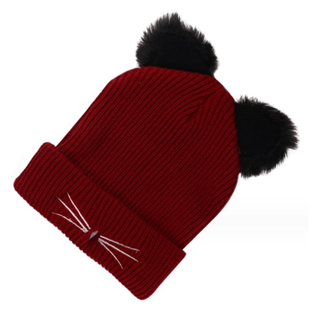 Gorro de lana de cordero para mujer, cálido gorro de invierno de punto trenzado con dos orejas de pompón y orejas de gato