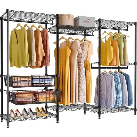 Zocalo Perchero Metálico 194x175cm Rack Organizador de Ropa Industrial con Cestas Deslizantes, Estantes Ajustables y Capacidad de 400 kg, Armario Abierto para Dormitorio, Color Negro