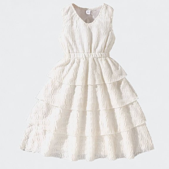 Ticikt Girls Textured Tiered Dress, Sleeveless Ruffle Layered Smocked Waist Flowy Dress for Kids 7-12Y,Color:White